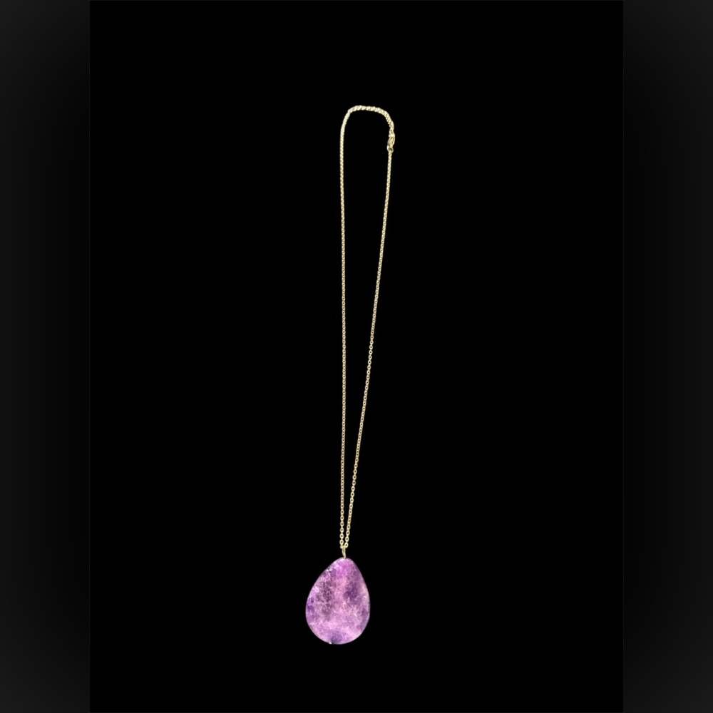 New Gold Plated Necklace with Polished Lepidolite Purple Stone Teardrop Pendant